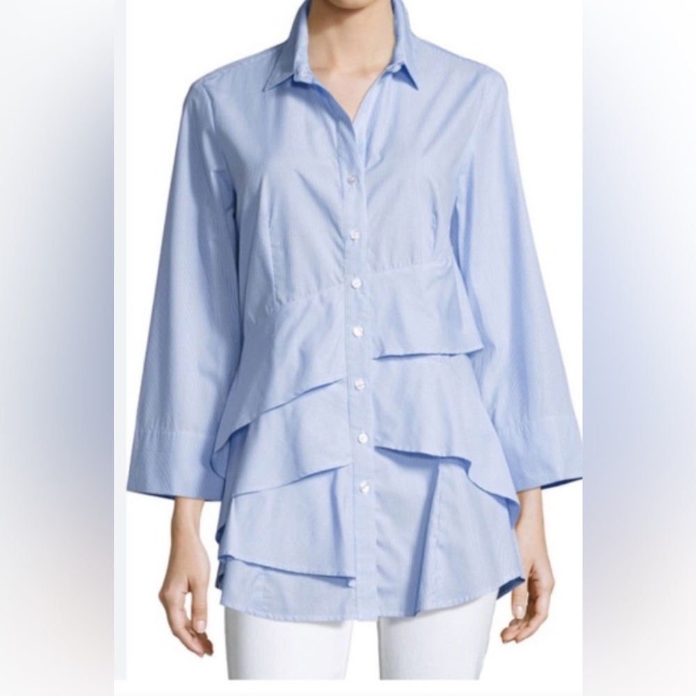 Finley Jenna Ralph Blue Striped Tiered Ruffle Poplin Top Size S